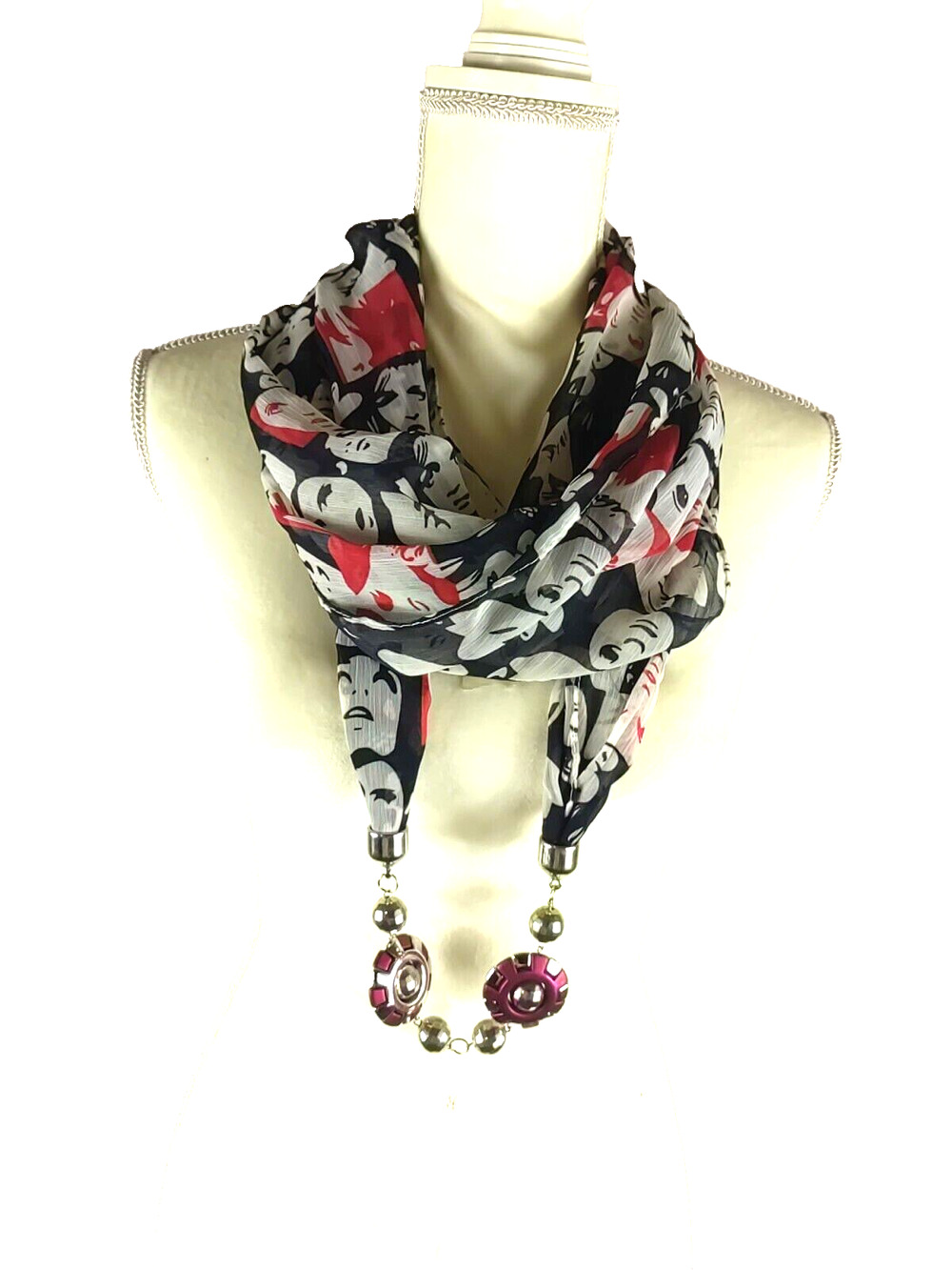 Infinity Scarf Black Red White Faces Beaded Silver Tone Red Beads Boho Bohemian